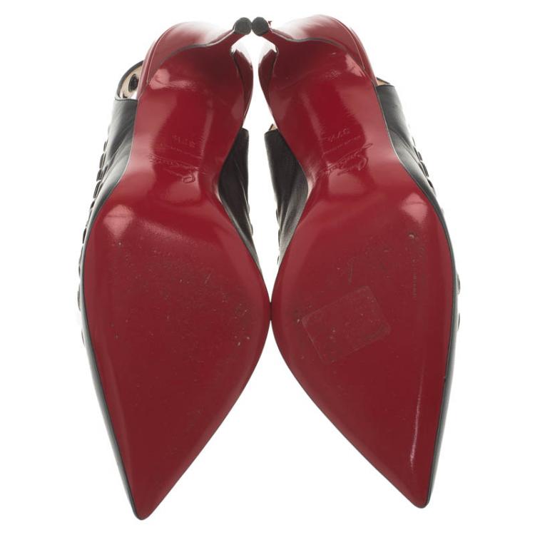 Pre Owned Christian Louboutin Black Leather Whipstitch Ostri Slingback Sandals Size 37.5
