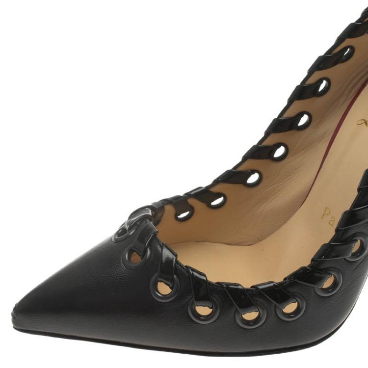 Pre Owned Christian Louboutin Black Leather Whipstitch Ostri Slingback Sandals Size 37.5