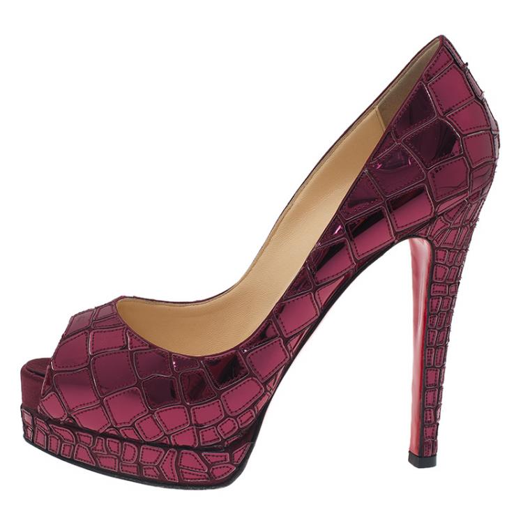 Pre Owned Christian Louboutin Purple Satin Mosaic Sobek Peep Toe Pumps Size 37.5