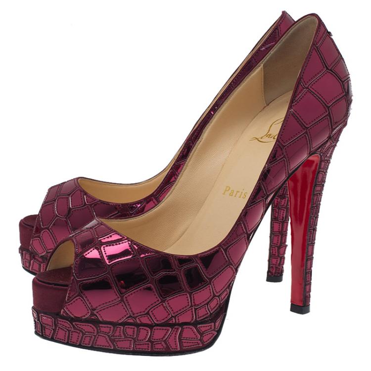 Pre Owned Christian Louboutin Purple Satin Mosaic Sobek Peep Toe Pumps Size 37.5