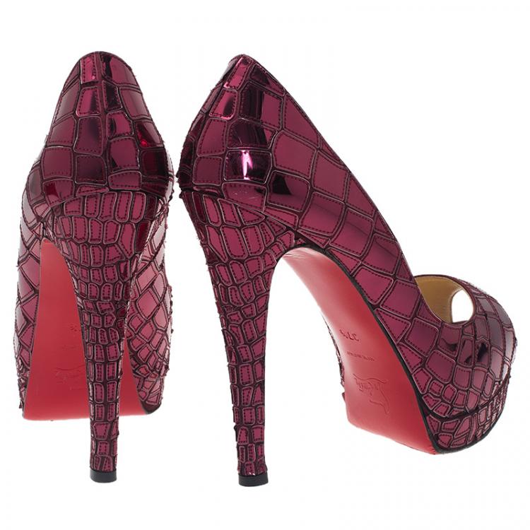 Pre Owned Christian Louboutin Purple Satin Mosaic Sobek Peep Toe Pumps Size 37.5