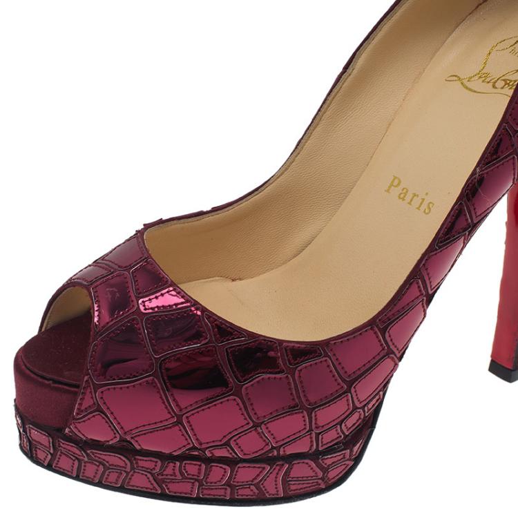 Pre Owned Christian Louboutin Purple Satin Mosaic Sobek Peep Toe Pumps Size 37.5