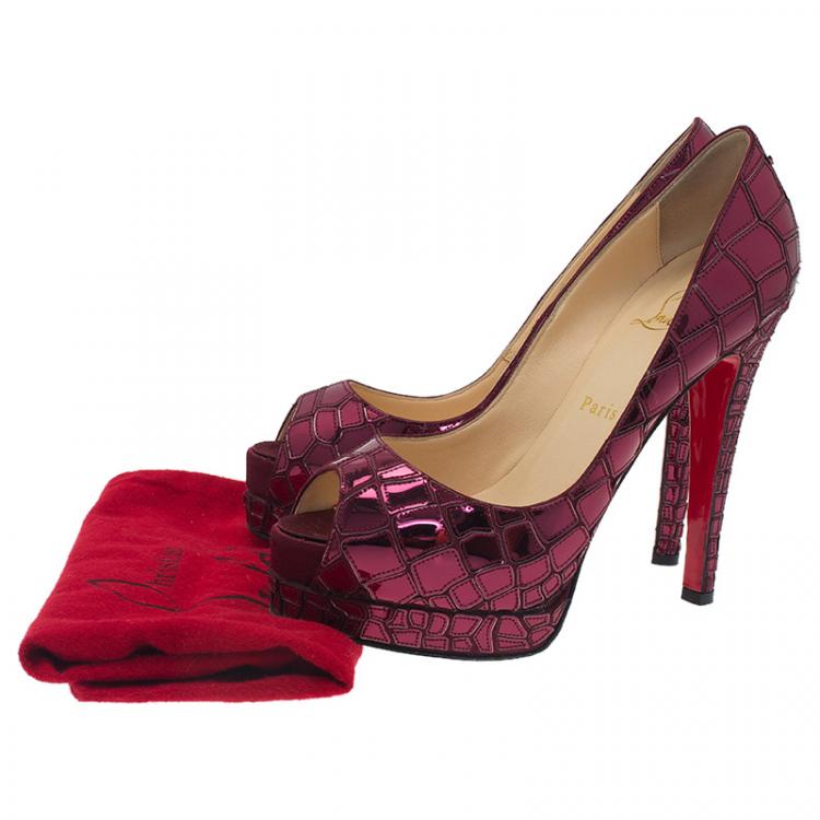 Pre Owned Christian Louboutin Purple Satin Mosaic Sobek Peep Toe Pumps Size 37.5