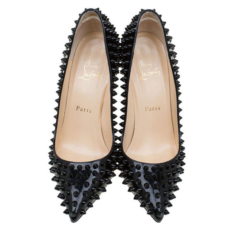 Pre Owned Christian Louboutin Black Patent Pigalle Spikes Pumps Size 37.5