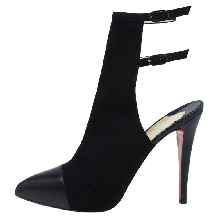 Pre Owned Christian Louboutin Black Suede Double Strap Back Cap Toe Booties Size 39.5