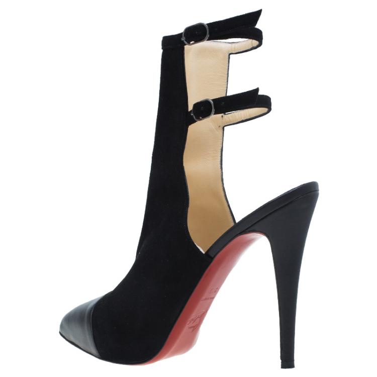 Pre Owned Christian Louboutin Black Suede Double Strap Back Cap Toe Booties Size 39.5