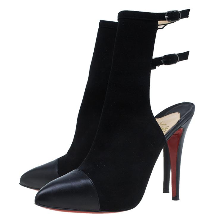 Pre Owned Christian Louboutin Black Suede Double Strap Back Cap Toe Booties Size 39.5