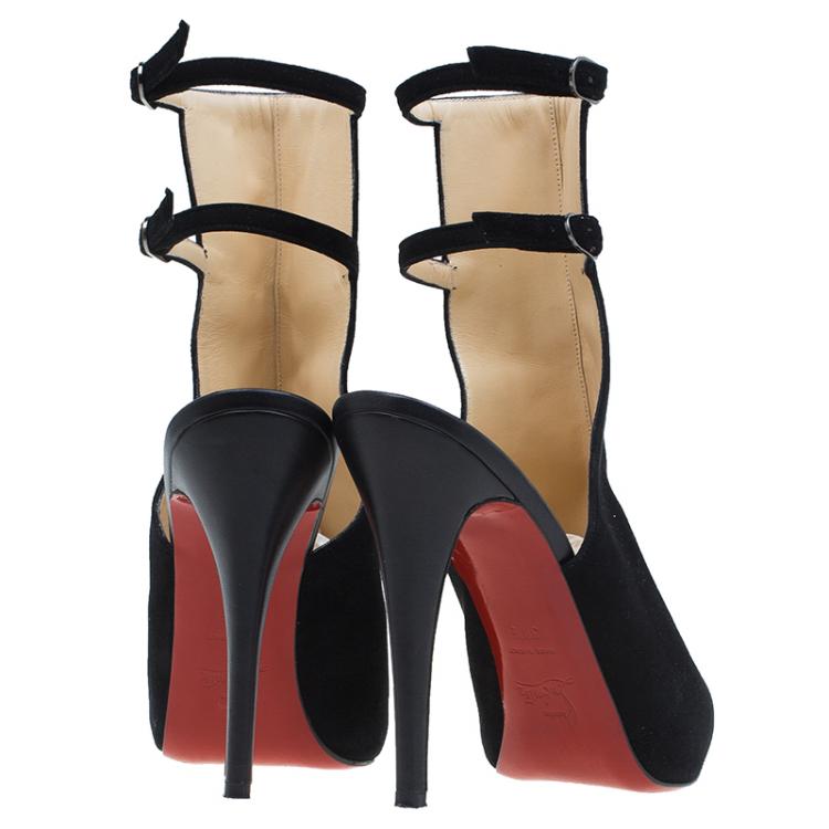 Pre Owned Christian Louboutin Black Suede Double Strap Back Cap Toe Booties Size 39.5