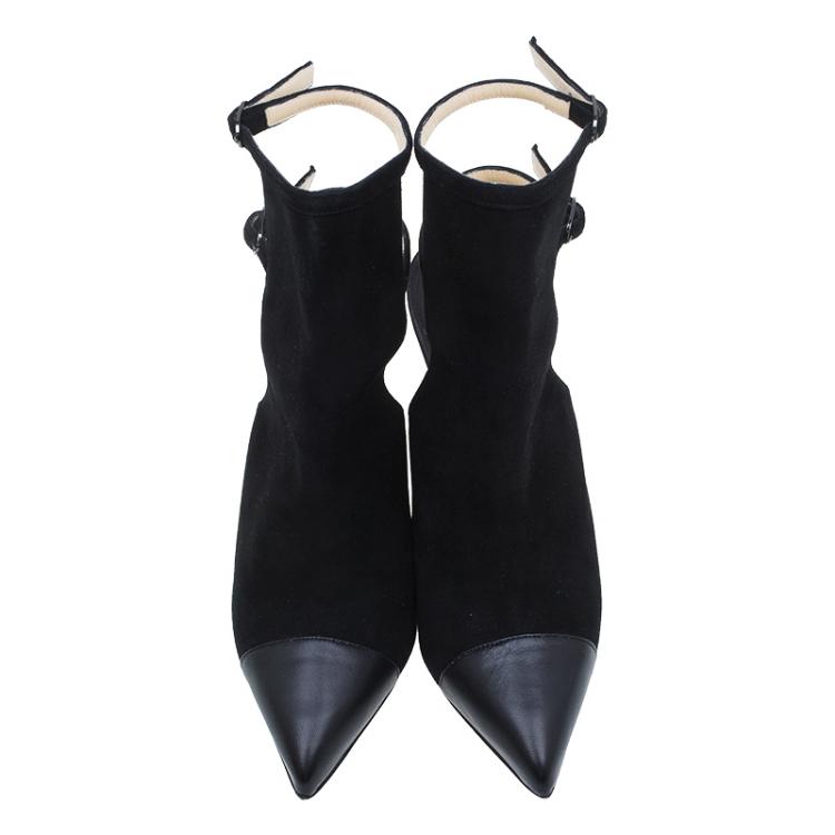 Pre Owned Christian Louboutin Black Suede Double Strap Back Cap Toe Booties Size 39.5