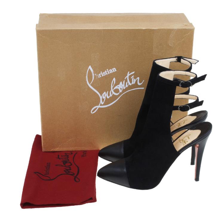 Pre Owned Christian Louboutin Black Suede Double Strap Back Cap Toe Booties Size 39.5