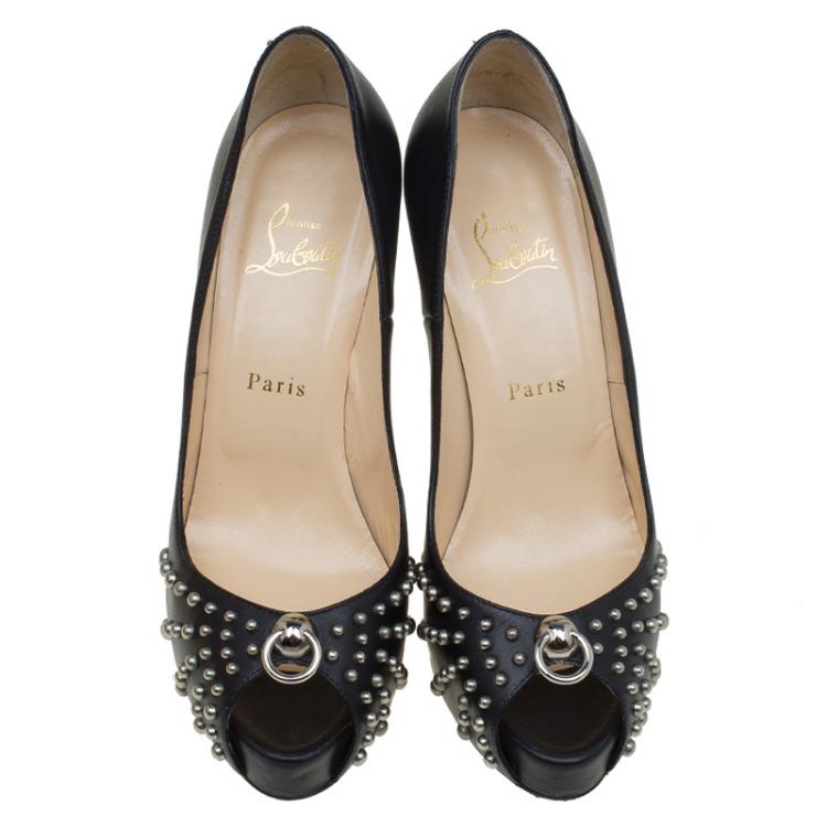 Pre Owned Christian Louboutin Black Studded Leather Peep Toe Pumps Size 39.5