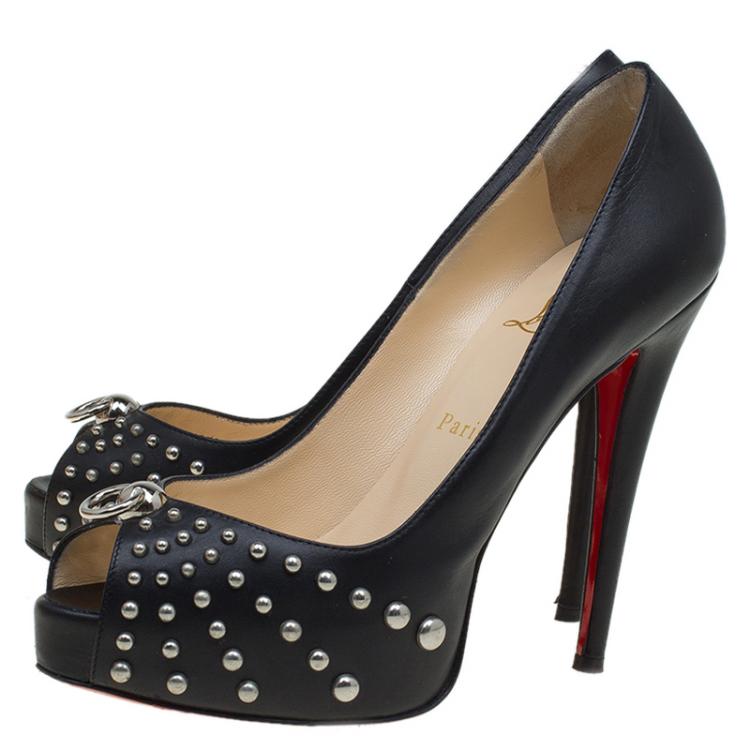Pre Owned Christian Louboutin Black Studded Leather Peep Toe Pumps Size 39.5