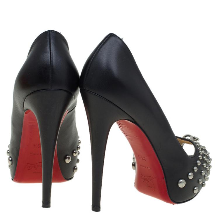 Pre Owned Christian Louboutin Black Studded Leather Peep Toe Pumps Size 39.5