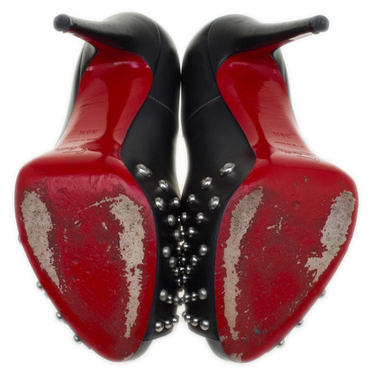 Pre Owned Christian Louboutin Black Studded Leather Peep Toe Pumps Size 39.5