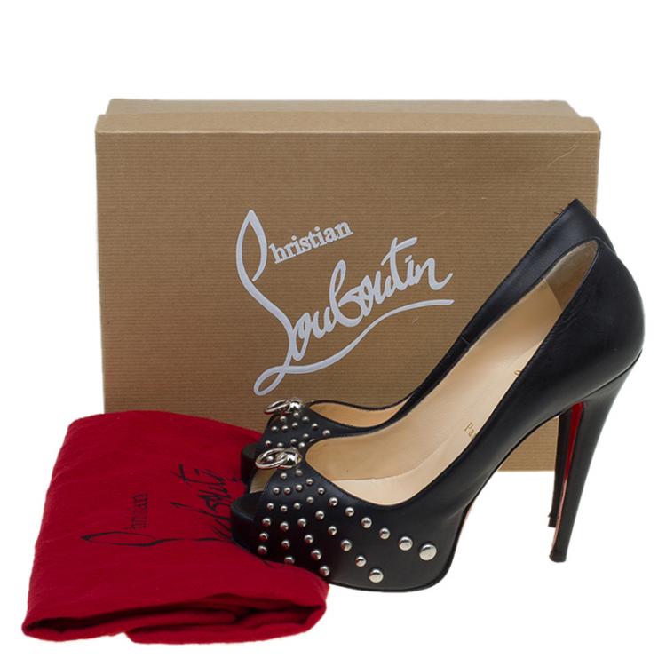 Pre Owned Christian Louboutin Black Studded Leather Peep Toe Pumps Size 39.5
