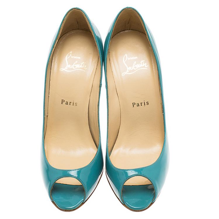 Pre Owned Christian Louboutin Aquamarine Blue Patent 'Sexy' Peep Toe Pumps Size 37.5