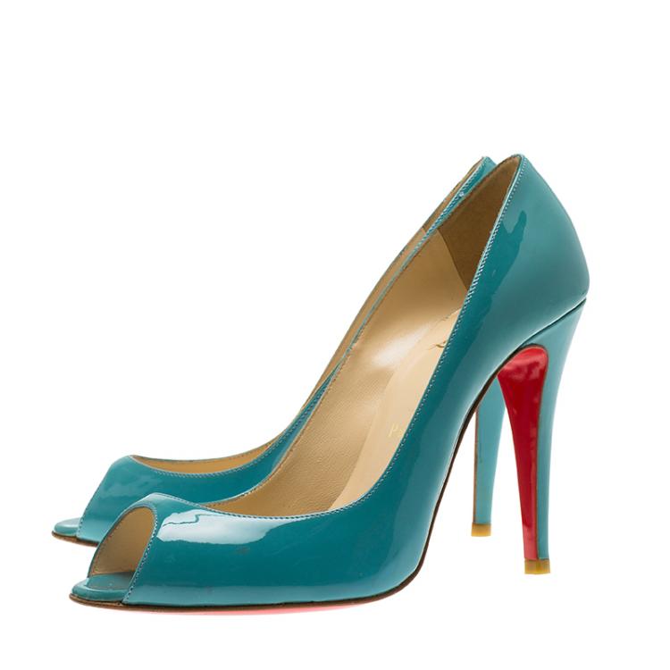 Pre Owned Christian Louboutin Aquamarine Blue Patent 'Sexy' Peep Toe Pumps Size 37.5