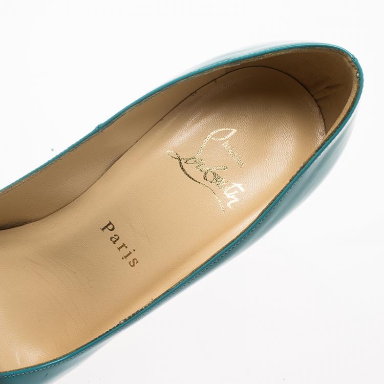 Pre Owned Christian Louboutin Aquamarine Blue Patent 'Sexy' Peep Toe Pumps Size 37.5
