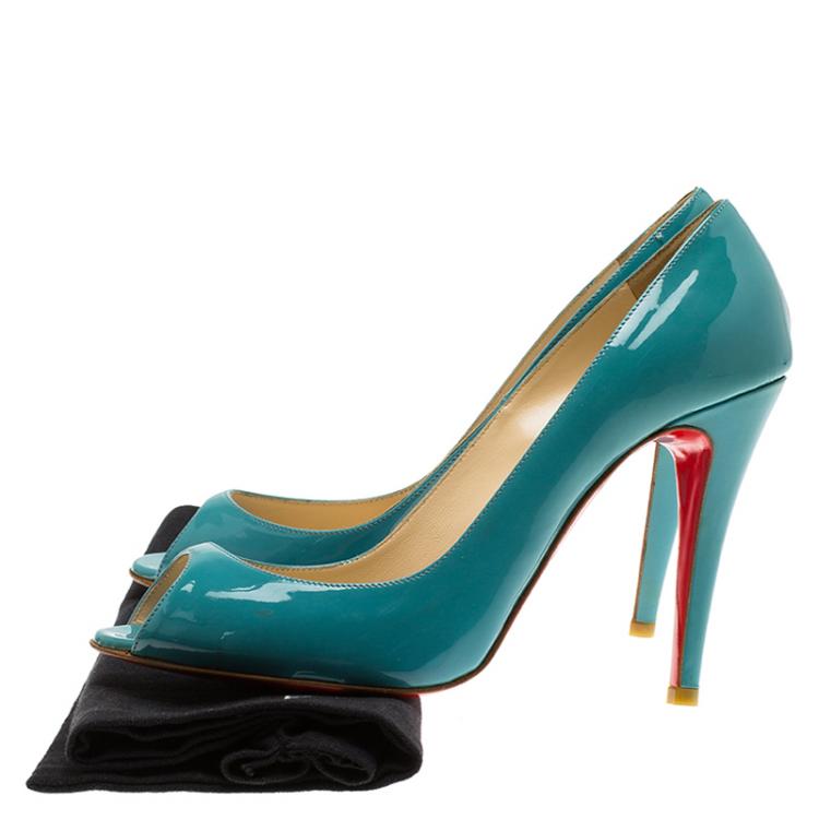 Pre Owned Christian Louboutin Aquamarine Blue Patent 'Sexy' Peep Toe Pumps Size 37.5