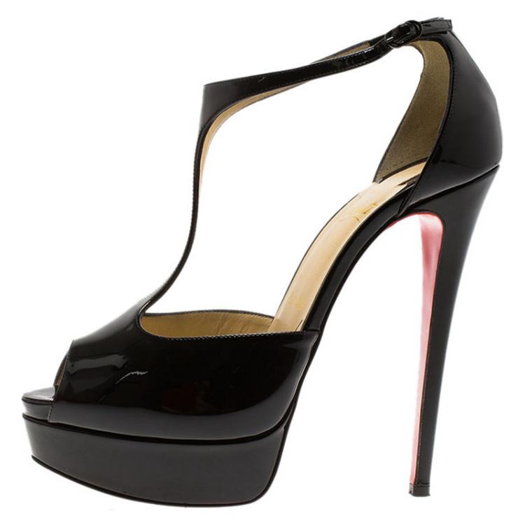 Pre Owned Christian Louboutin Black Patent Jilopa T Strap Platform Sandals Size 38.5