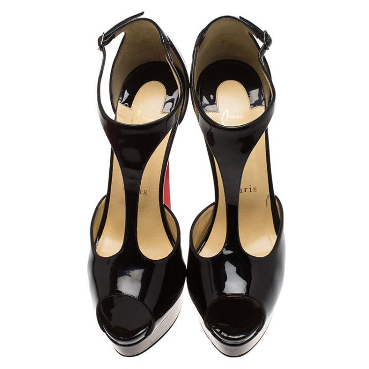 Pre Owned Christian Louboutin Black Patent Jilopa T Strap Platform Sandals Size 38.5