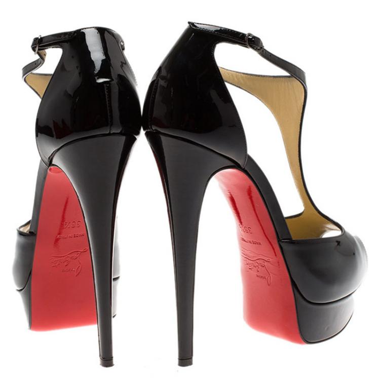 Pre Owned Christian Louboutin Black Patent Jilopa T Strap Platform Sandals Size 38.5