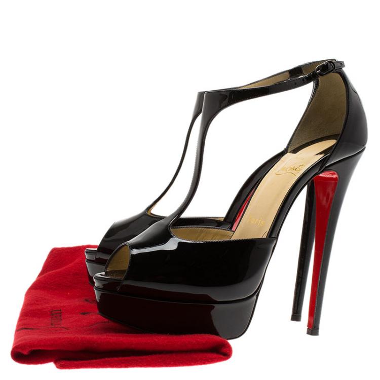 Pre Owned Christian Louboutin Black Patent Jilopa T Strap Platform Sandals Size 38.5