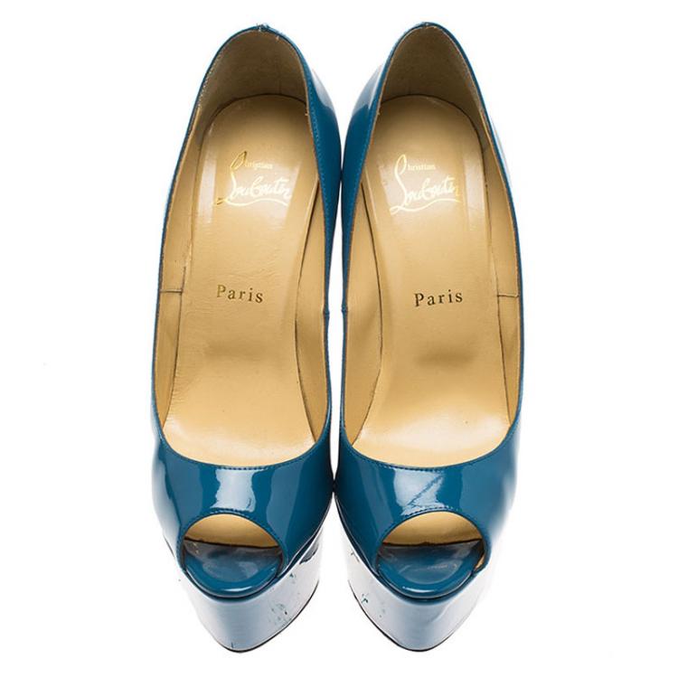 Pre Owned Christian Louboutin Teal Patent Jamie Peep Toe Platform Pumps Size 38.5