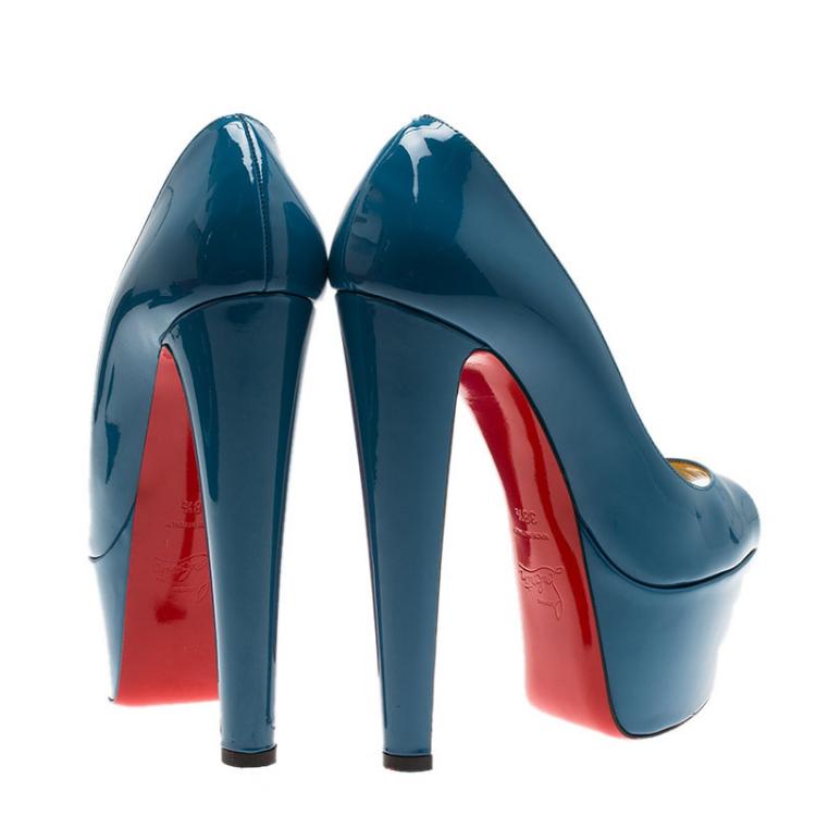 Pre Owned Christian Louboutin Teal Patent Jamie Peep Toe Platform Pumps Size 38.5