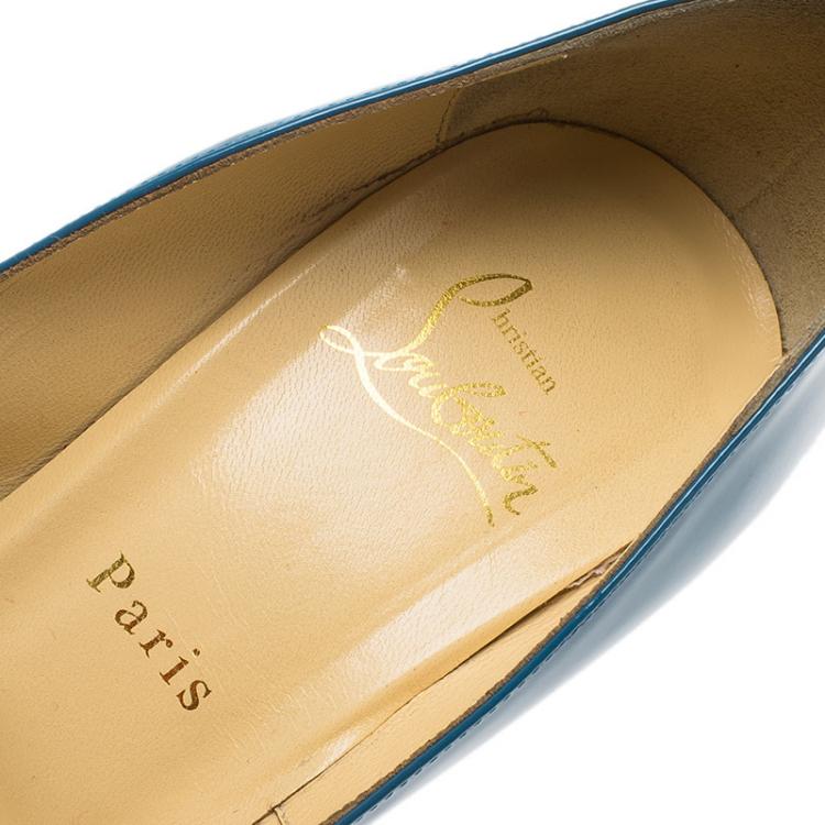 Pre Owned Christian Louboutin Teal Patent Jamie Peep Toe Platform Pumps Size 38.5