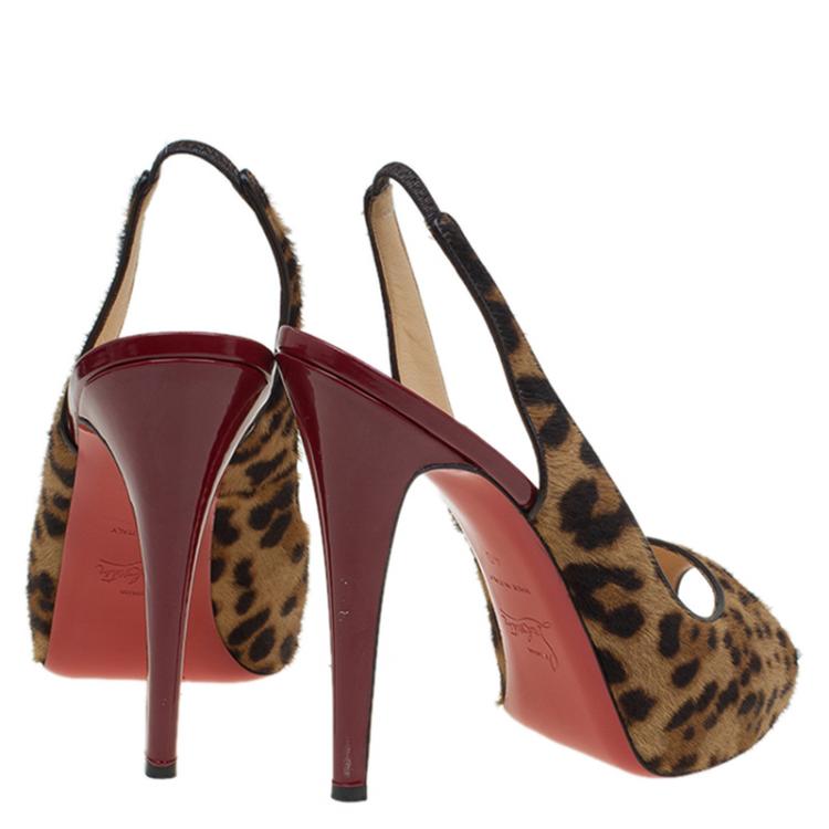 Pre Owned Christian Louboutin Leopard Print Pony Hair Peep Toe Slingback Sandals Size 40