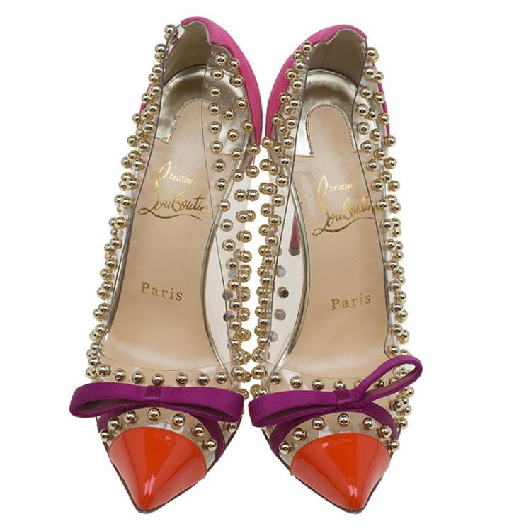 Pre Owned Christian Louboutin Multicolor PVC Suede and Patent Studded Bille Et Boule Pumps Size 37