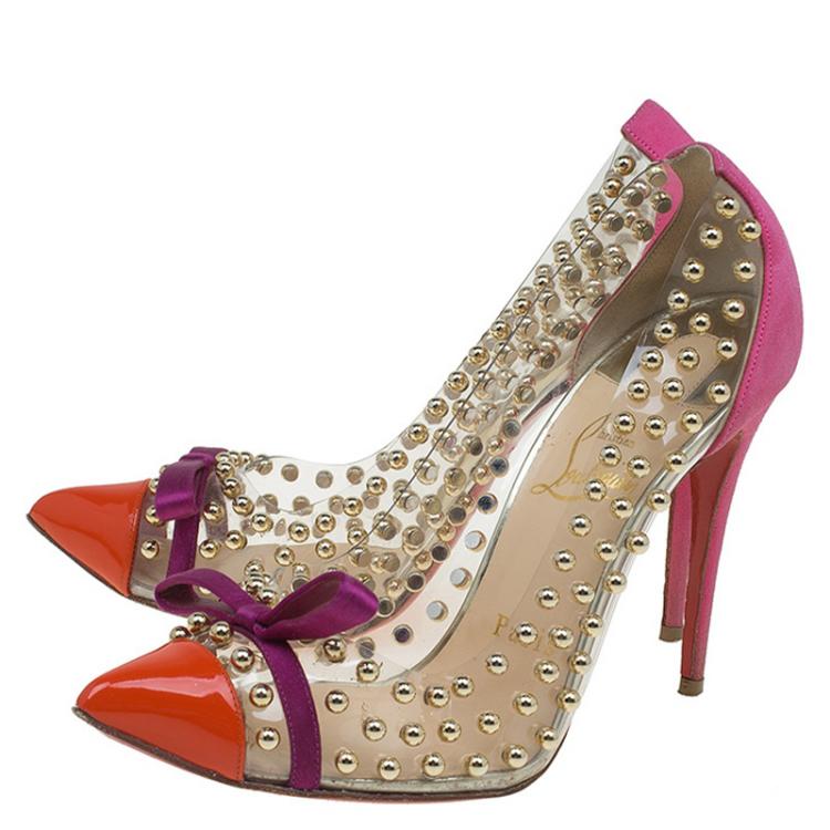 Pre Owned Christian Louboutin Multicolor PVC Suede and Patent Studded Bille Et Boule Pumps Size 37