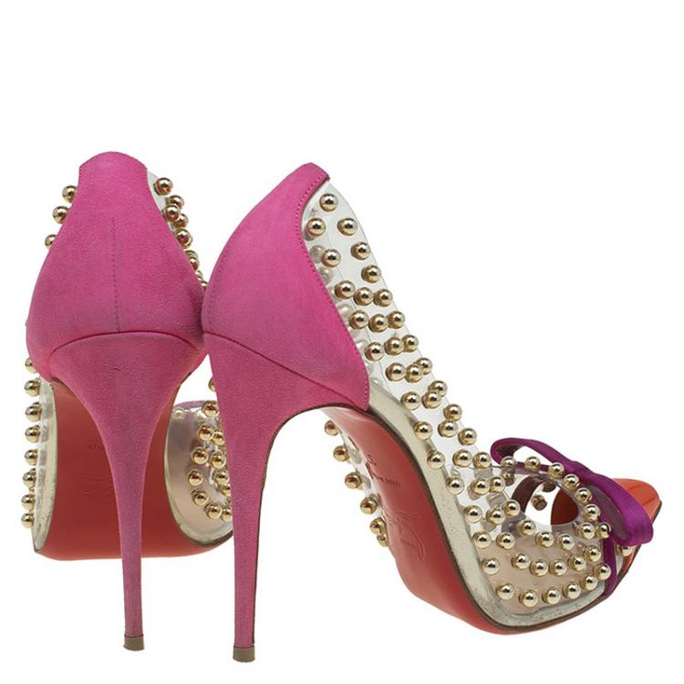 Pre Owned Christian Louboutin Multicolor PVC Suede and Patent Studded Bille Et Boule Pumps Size 37