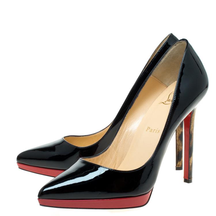 Pre Owned Christian Louboutin Black/Leopard Print Patent Pigalle Plato Pumps Size 38.5