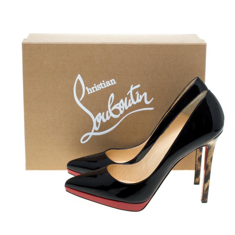 Pre Owned Christian Louboutin Black/Leopard Print Patent Pigalle Plato Pumps Size 38.5