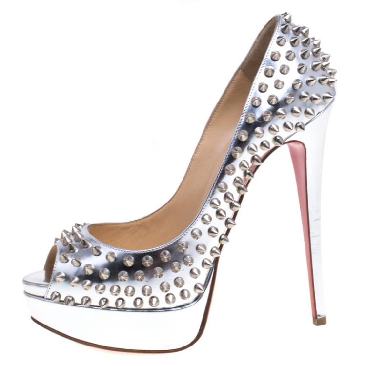 Pre Owned Christian Louboutin Metallic Silver Leather Lady Peep Toe Spike Platform Pumps Size 38.5