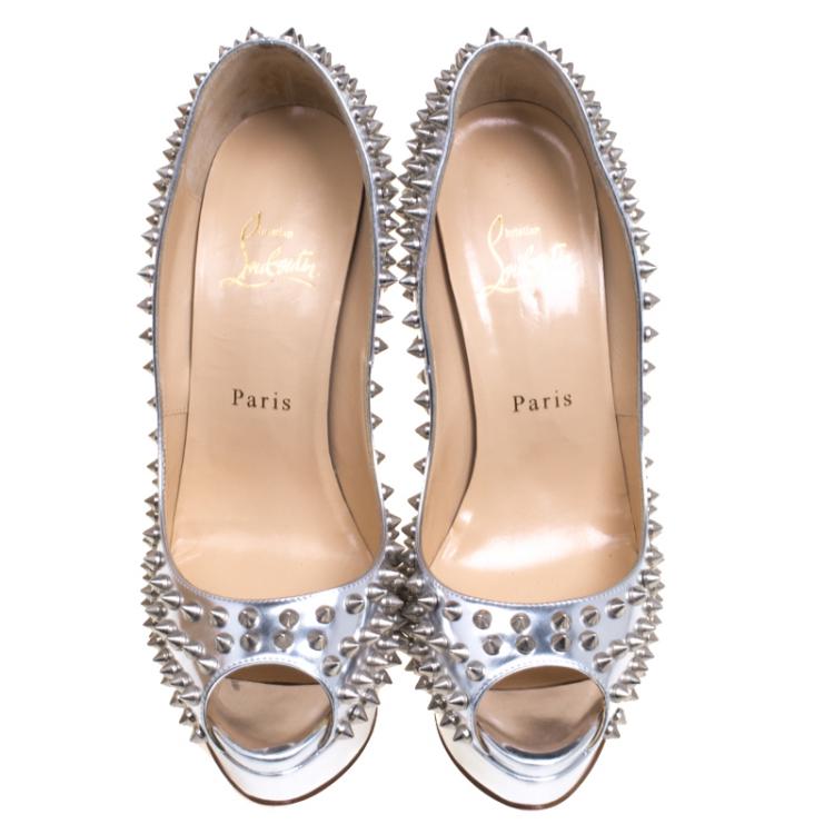 Pre Owned Christian Louboutin Metallic Silver Leather Lady Peep Toe Spike Platform Pumps Size 38.5