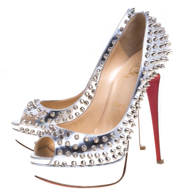 Pre Owned Christian Louboutin Metallic Silver Leather Lady Peep Toe Spike Platform Pumps Size 38.5