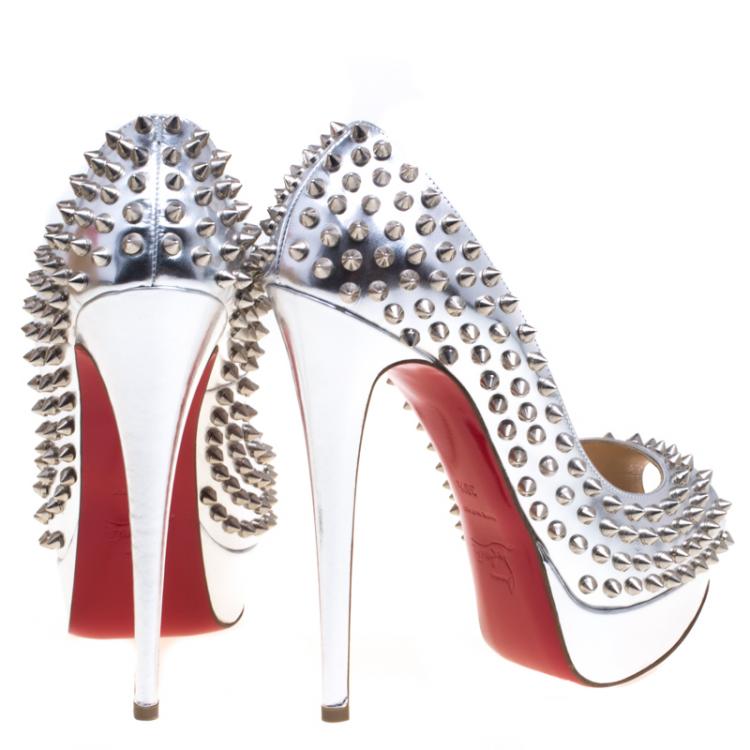 Pre Owned Christian Louboutin Metallic Silver Leather Lady Peep Toe Spike Platform Pumps Size 38.5