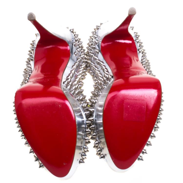 Pre Owned Christian Louboutin Metallic Silver Leather Lady Peep Toe Spike Platform Pumps Size 38.5