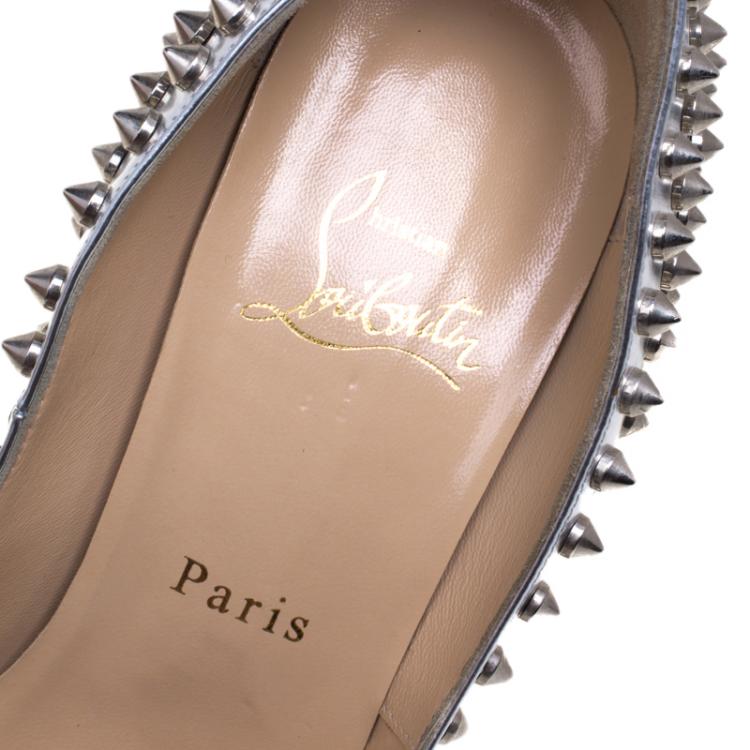 Pre Owned Christian Louboutin Metallic Silver Leather Lady Peep Toe Spike Platform Pumps Size 38.5