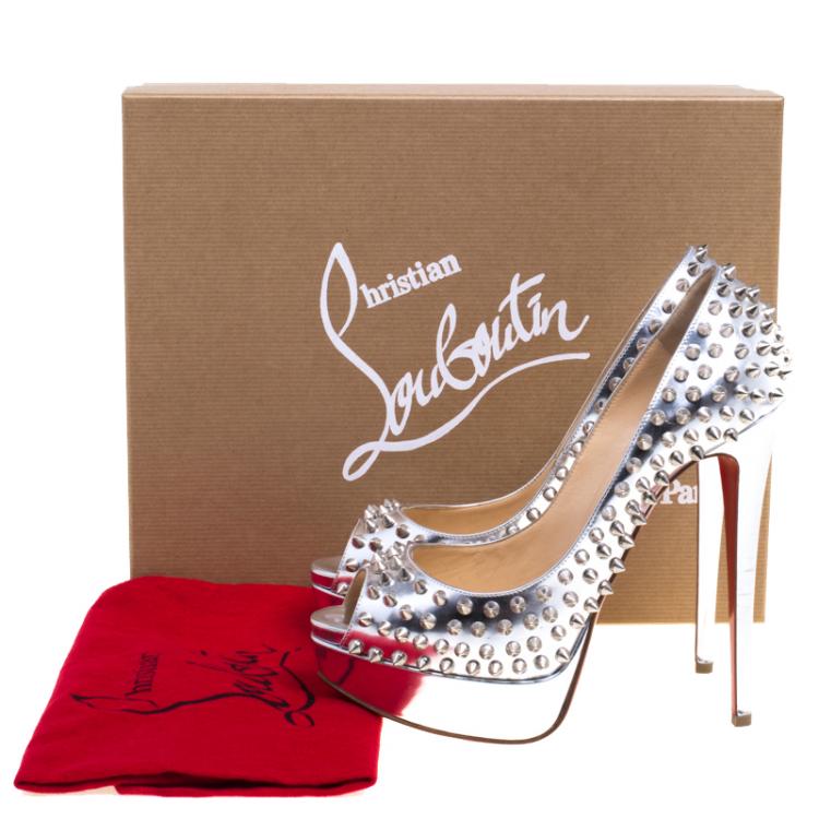 Pre Owned Christian Louboutin Metallic Silver Leather Lady Peep Toe Spike Platform Pumps Size 38.5