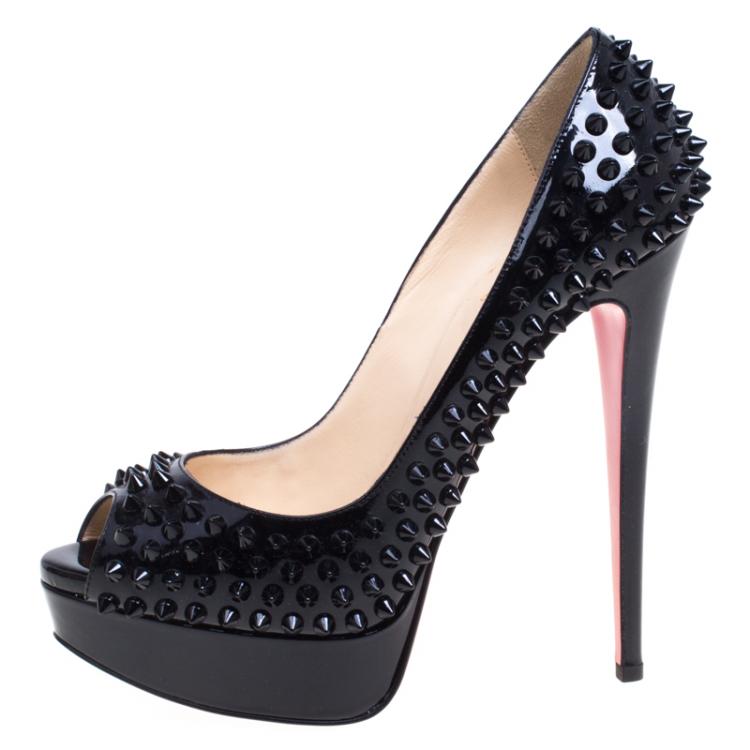 Pre Owned Christian Louboutin Black Patent Lady Peep Toe Spike Platform Pumps Size 38