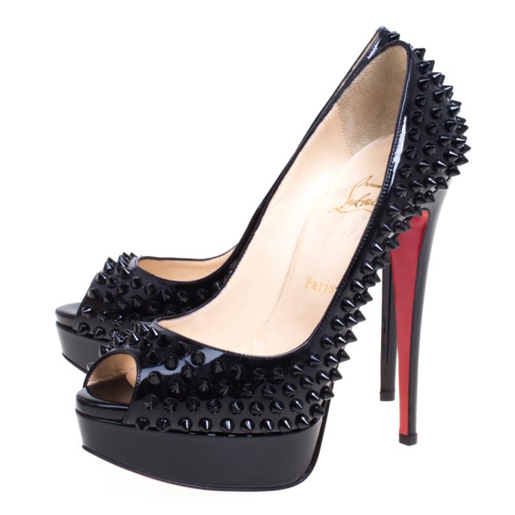 Pre Owned Christian Louboutin Black Patent Lady Peep Toe Spike Platform Pumps Size 38