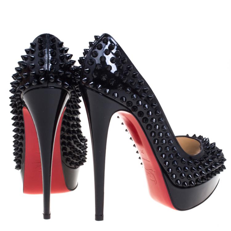 Pre Owned Christian Louboutin Black Patent Lady Peep Toe Spike Platform Pumps Size 38