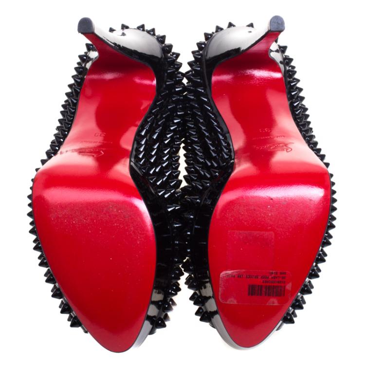Pre Owned Christian Louboutin Black Patent Lady Peep Toe Spike Platform Pumps Size 38