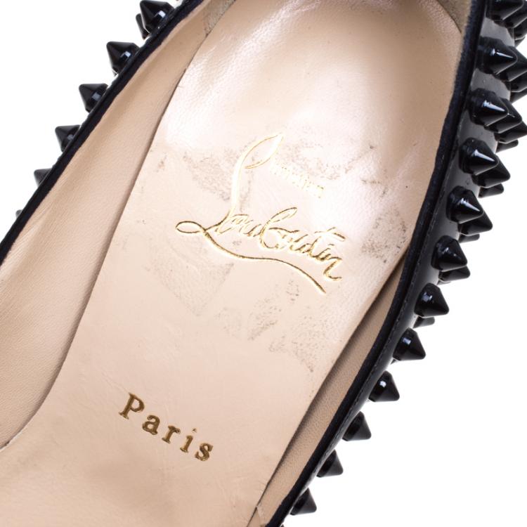 Pre Owned Christian Louboutin Black Patent Lady Peep Toe Spike Platform Pumps Size 38
