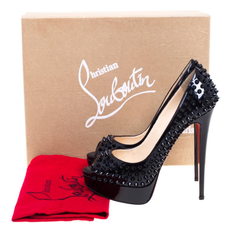 Pre Owned Christian Louboutin Black Patent Lady Peep Toe Spike Platform Pumps Size 38