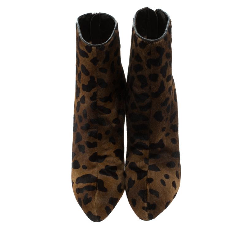 Pre Owned Christian Louboutin Leopard Print Calf Hair Fifi Platform Ankle Boots Size 38